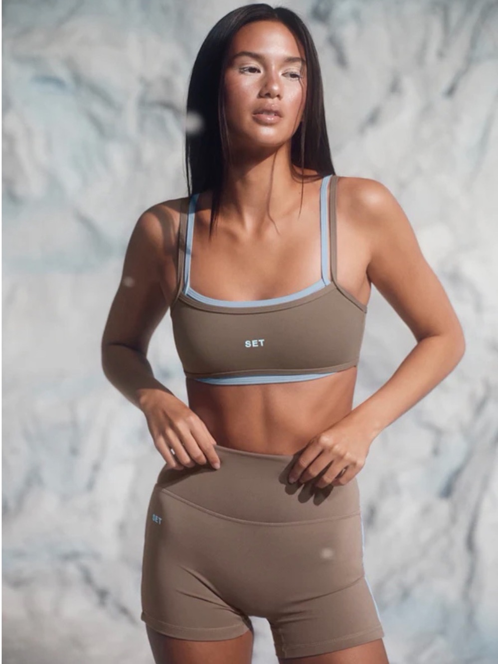 ISO!! SET Active Brown Athletic Shorts with Light Blue Trim